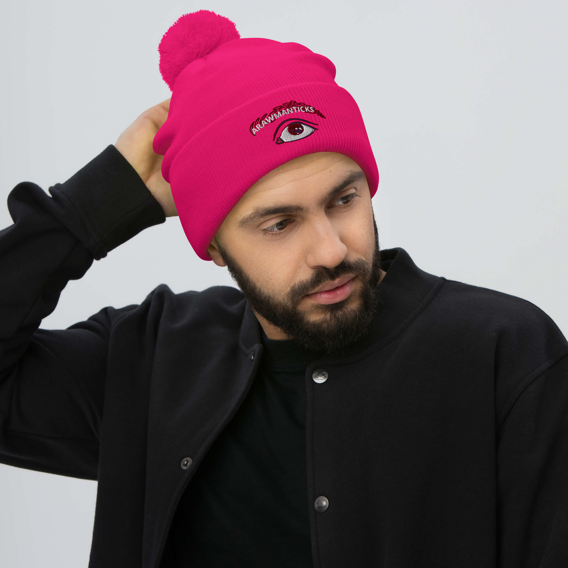 Male Model Wearing Neon Pink Beanie with Eye Embroidery - ARAWMANTICKS