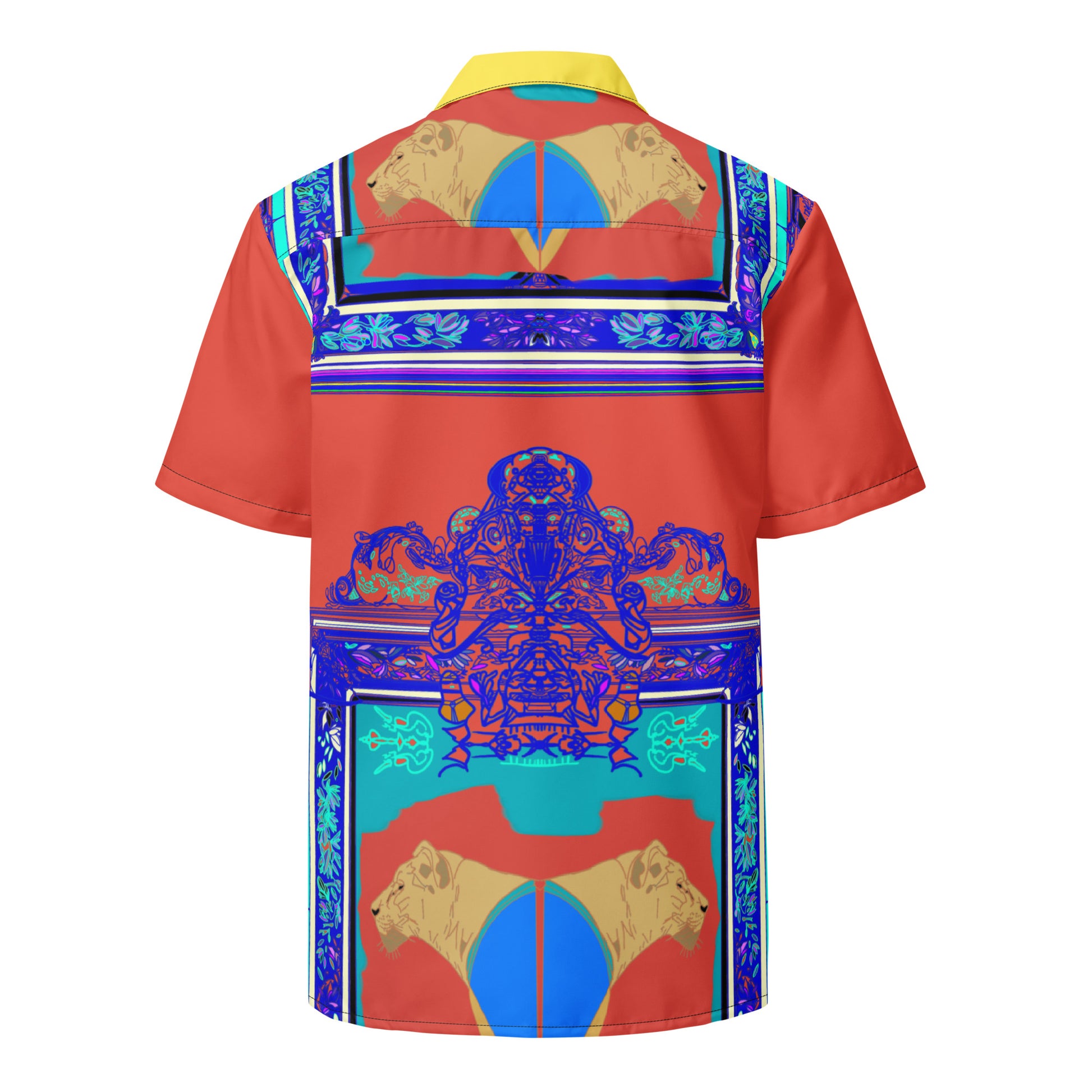 All-Over Print Orange Shirt with Blue Frame and Lioness Design - ARAWMANTICKS Back Ghost Mockup