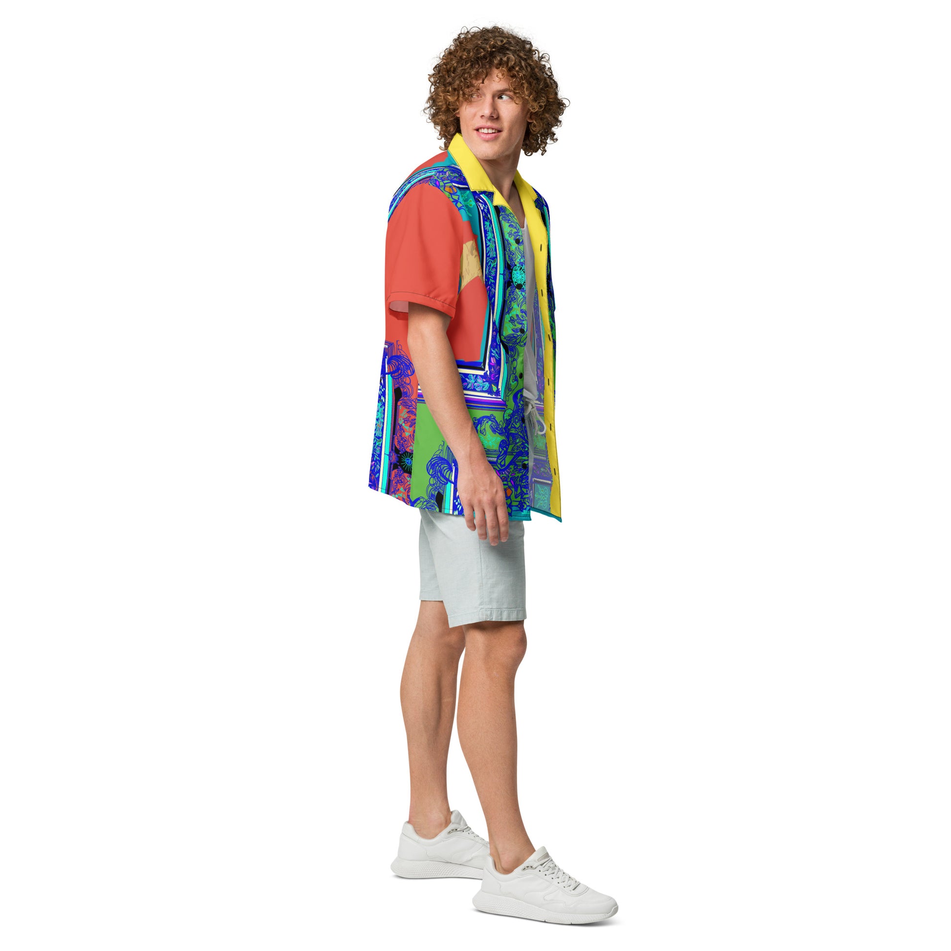 Male Model Wearing All-Over Print Orange Shirt with Blue Frame and Lioness Design - ARAWMANTICKS Side Mockup