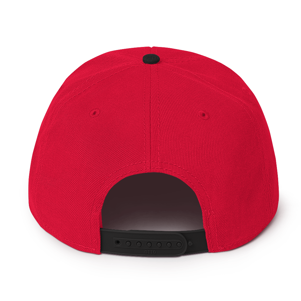 Red and Black Snapback Hat with Black and Gold Skull Embroidery - ARAWMANTICKS Back Mockup