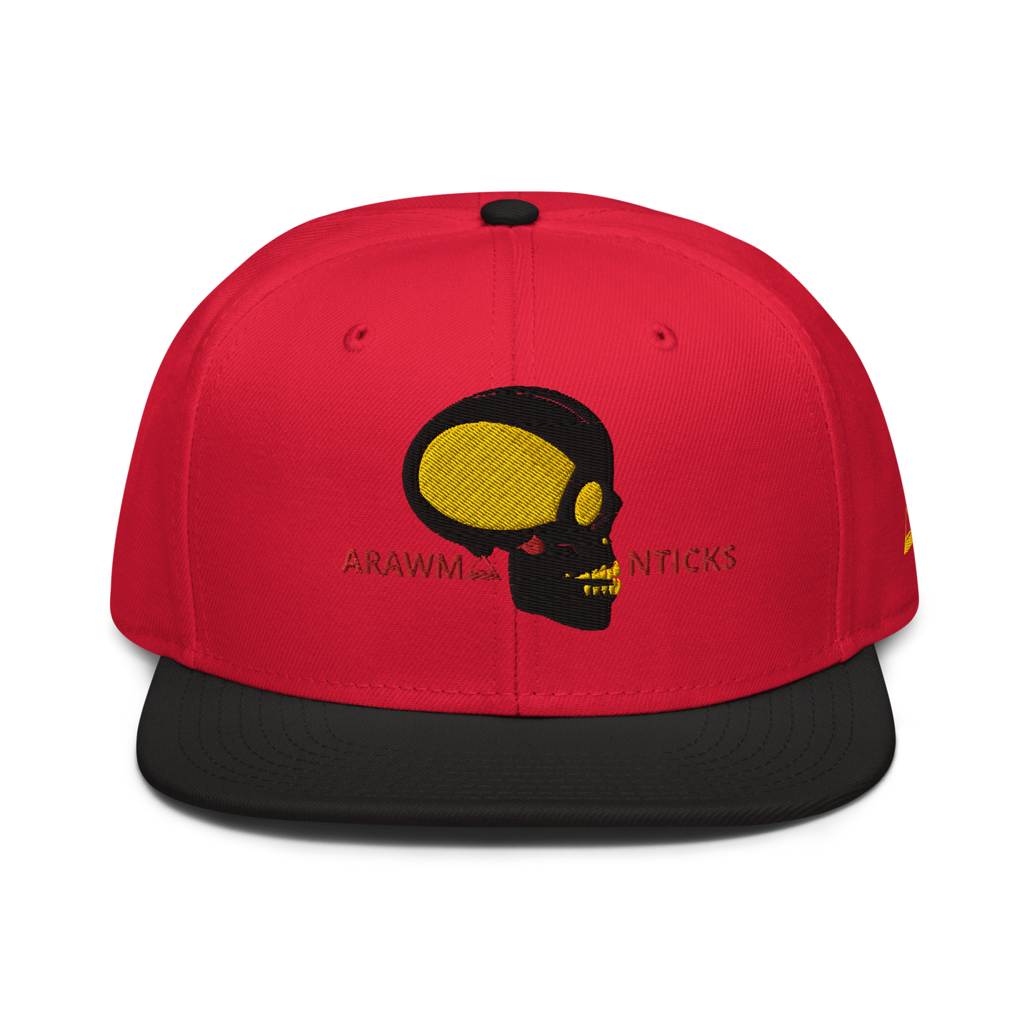 Red and Black Snapback Hat with Black and Gold Skull Embroidery - ARAWMANTICKS Front Mockup
