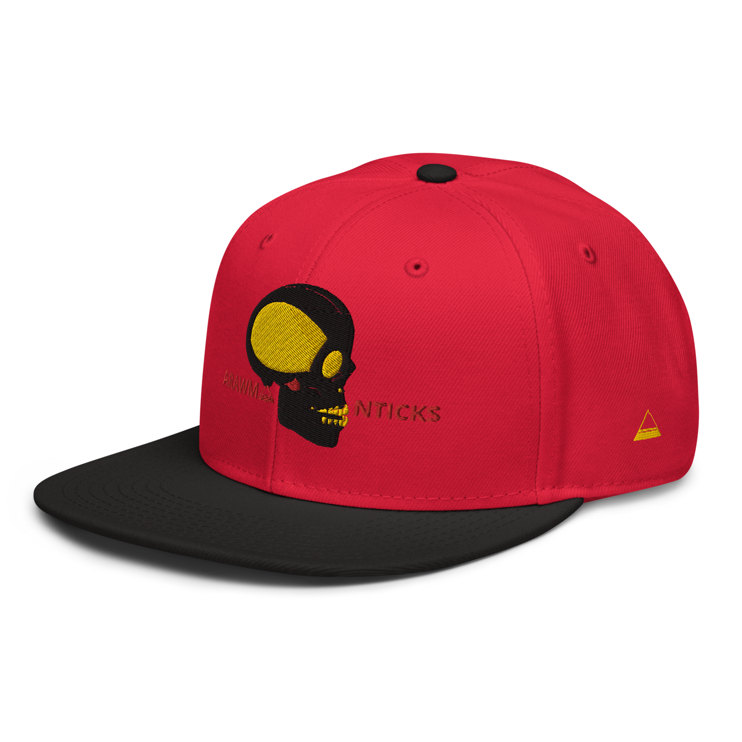 Red and Black Snapback Hat with Black and Gold Skull Embroidery - ARAWMANTICKS Left Front Mockup