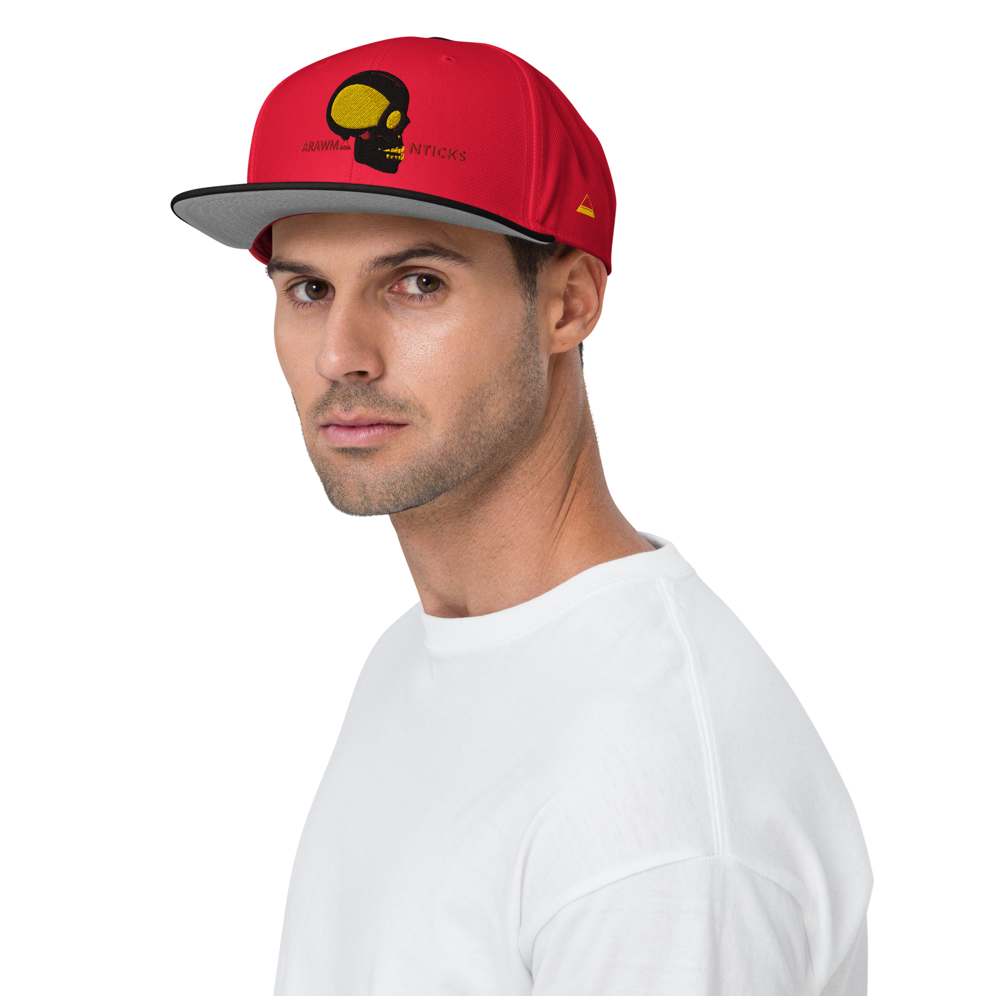 Male Model Wearing Red and Black Snapback Hat with Black and Gold Skull Embroidery - ARAWMANTICKS