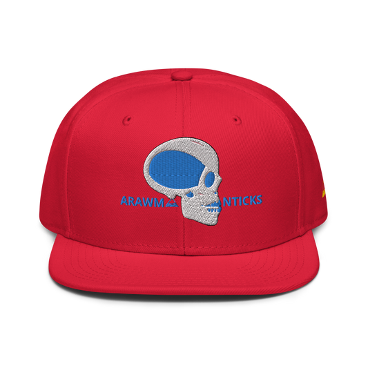 Red Snapback Hat with White and Blue Skull Embroidery - ARAWMANTICKS Front Mockup