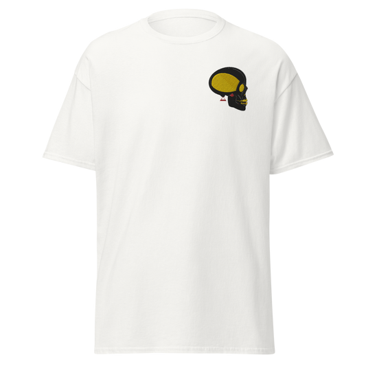 White T-Shirt with Black and Gold Skull Front Embroidery - ARAWMANTICKS Ghost Mockup