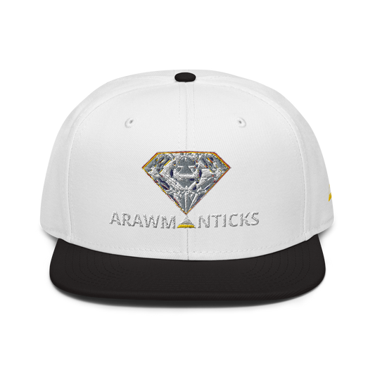 White and Black Snapback Hat with Bright Diamond 'A' Front Embroidery - ARAWMANTICKS Front Mockup