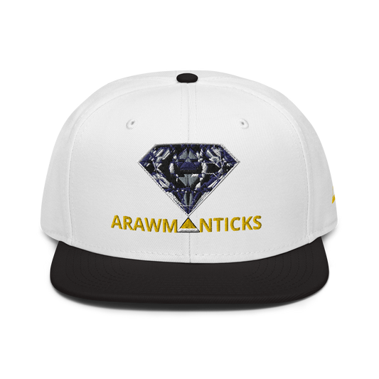 White and Black Snapback Hat with Dark Diamond 'A' Front Embroidery - ARAWMANTICKS Front Mockup