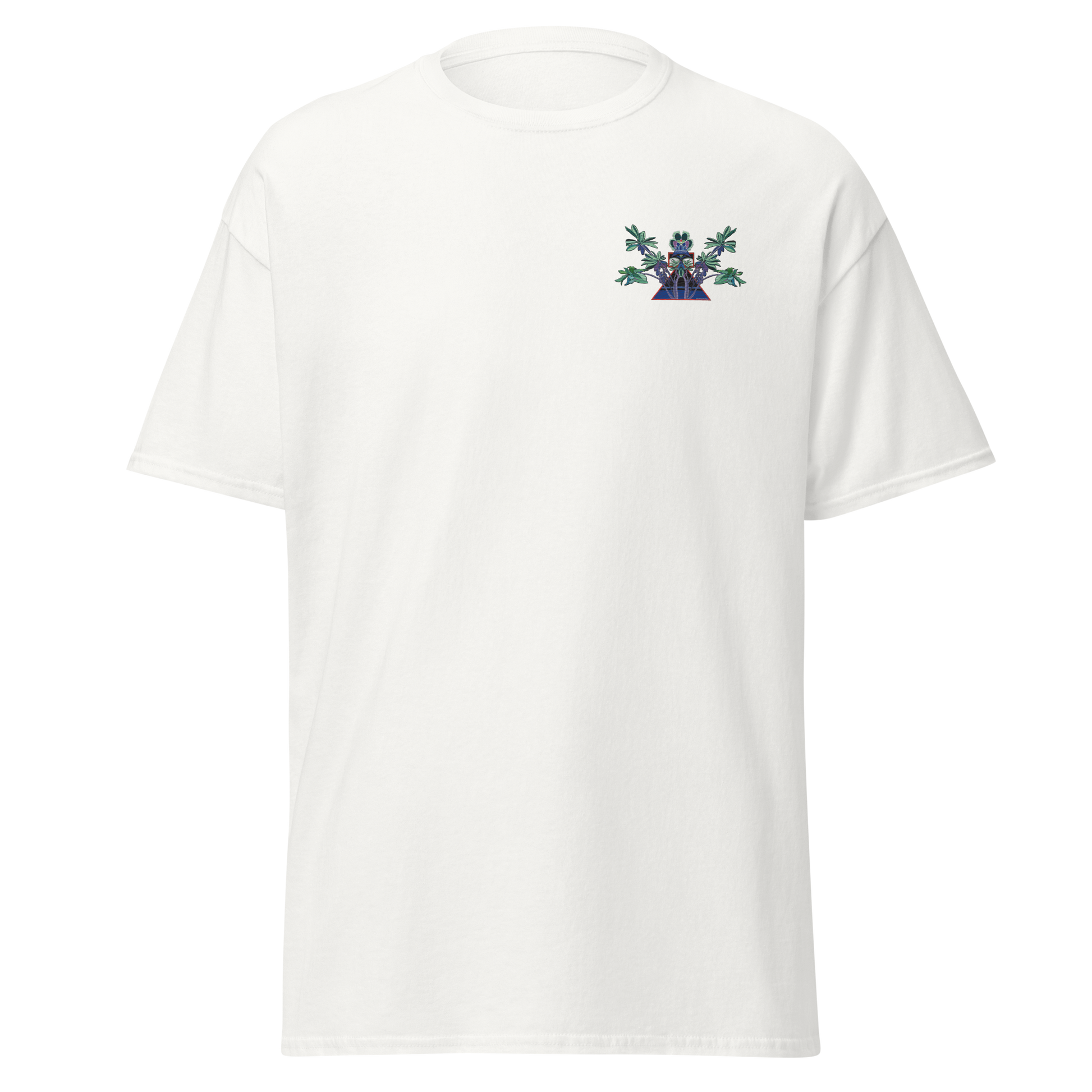 White T-Shirt with Blue Floral Desert Rose Front Embroidery - ARAWMANTICKS Ghost Mockup