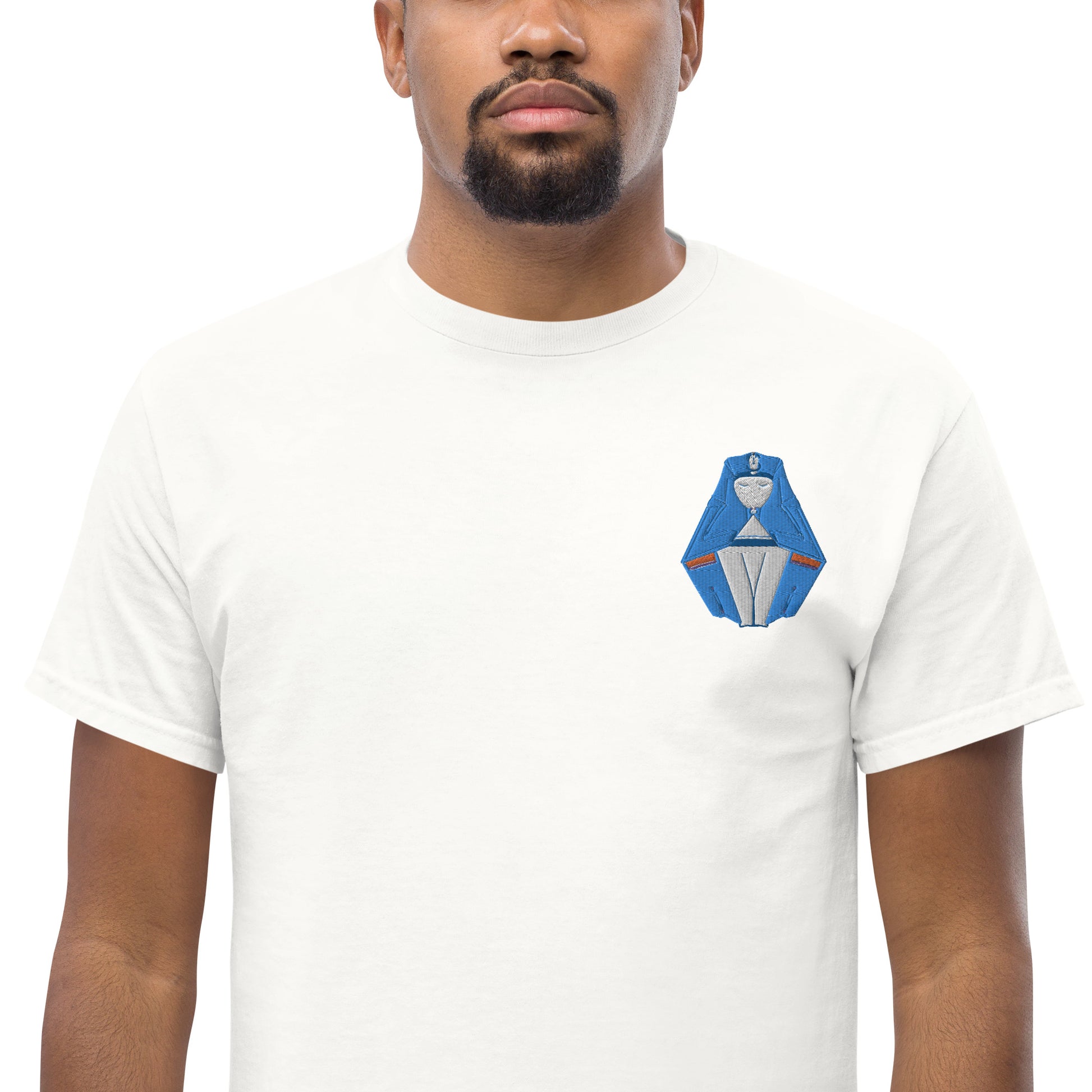 Male Model Wearing White T-Shirt with Blue and White Sleeping Pharaoh Front Embroidery - ARAWMANTICKS