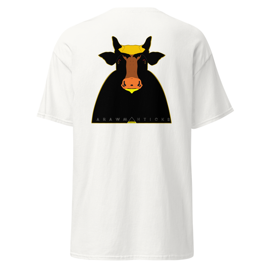 White T-Shirt with Large Black and Gold Holy Cow Back Print - ARAWMANTICKS Ghost Mockup