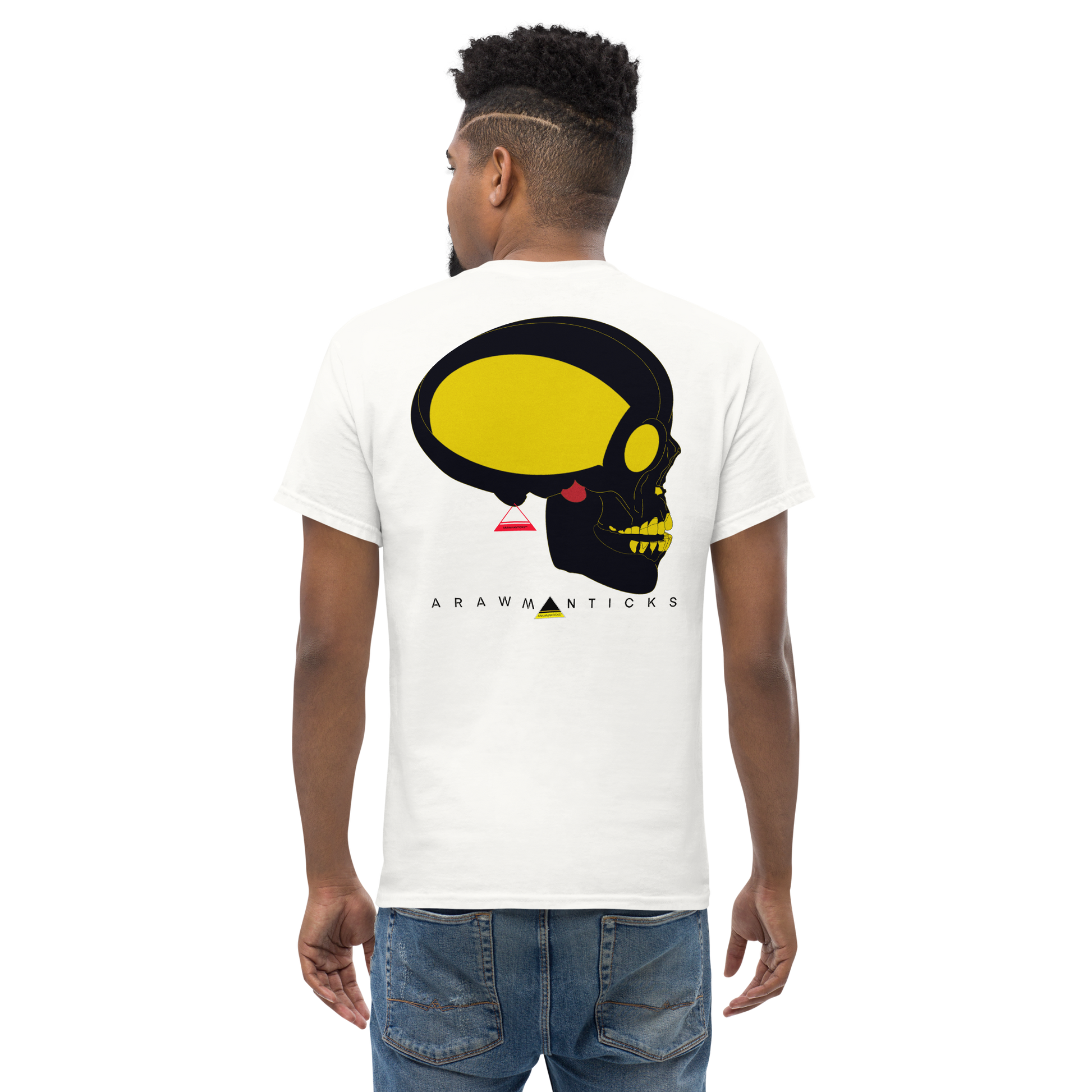 Male Model Wearing White T-Shirt with Large Black and Gold Skull Back Print - ARAWMANTICKS