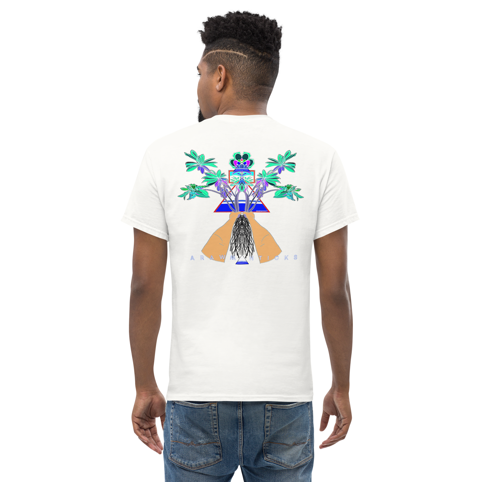 Male Model Wearing White T-Shirt with Large Blue Floral Desert Rose Back Print - ARAWMANTICKS