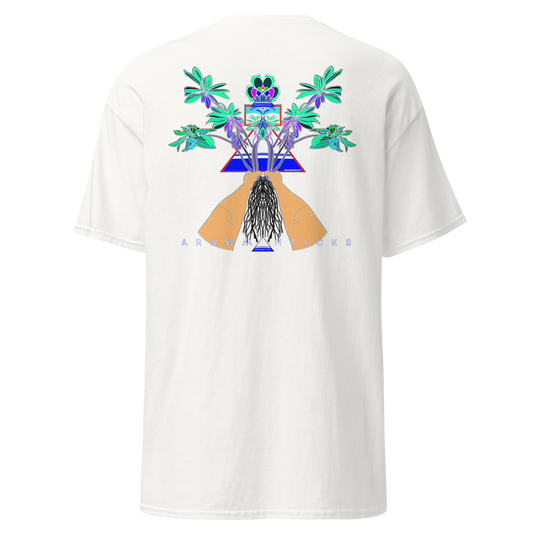 White T-Shirt with Large Blue Floral Desert Rose Back Print - ARAWMANTICKS Ghost Mockup