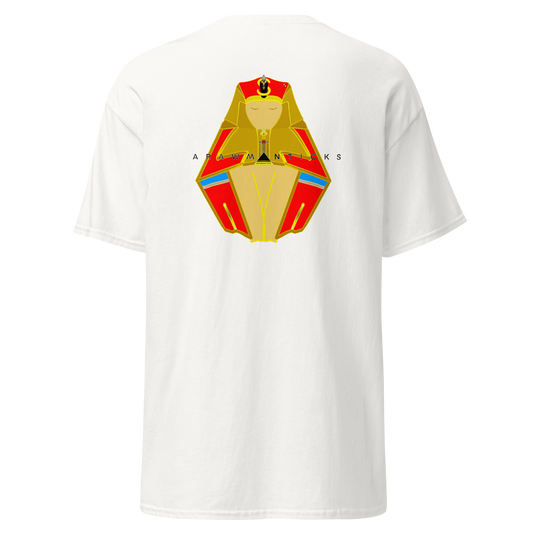 White T-Shirt with Large Red and Gold Sleeping Pharaoh Back Print - ARAWMANTICKS Ghost Mockup