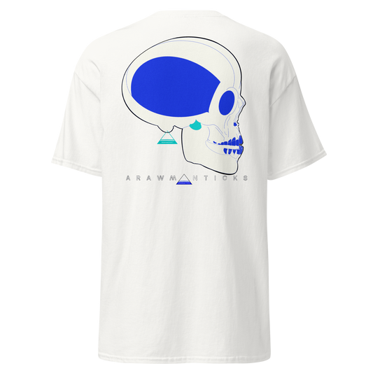 White T-Shirt with Large White and Blue Skull Back Print - ARAWMANTICKS Ghost Mockup