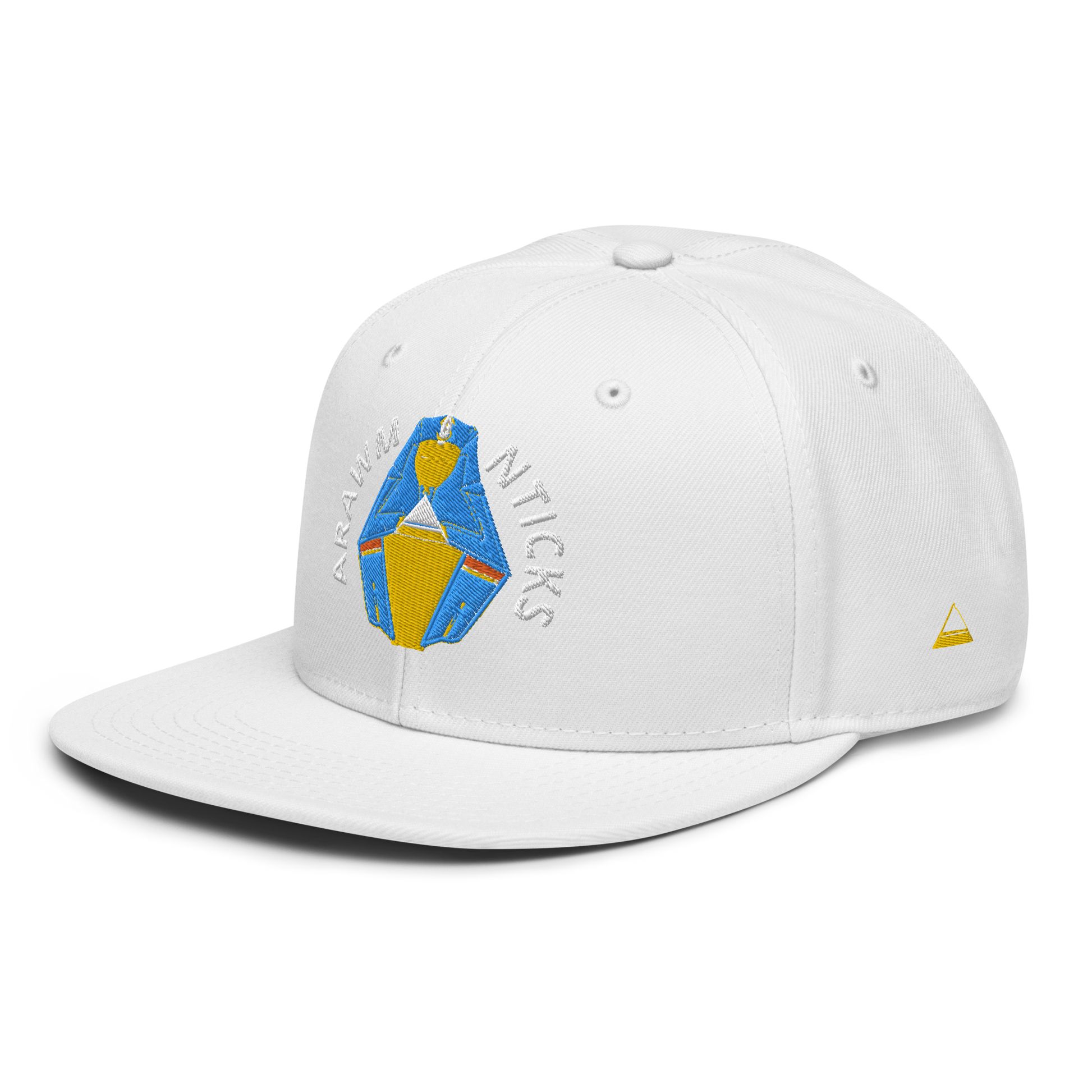 White Snapback Hat with Blue and Gold Sleeping Pharaoh Embroidery - ARAWMANTICKS Left Front Mockup