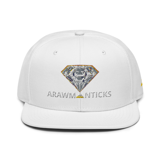 White Snapback Hat with Bright Diamond 'A' Front Embroidery - ARAWMANTICKS Front Mockup
