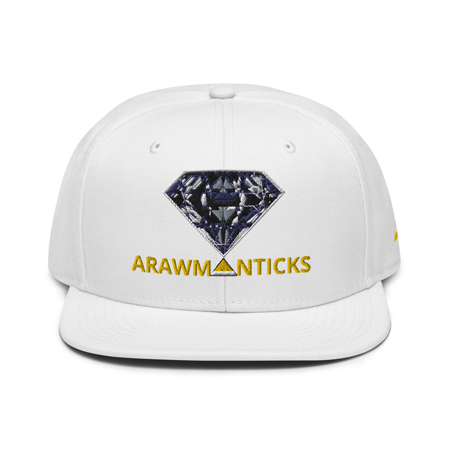 White Snapback Hat with Dark Diamond 'A' Front Embroidery - ARAWMANTICKS Front Mockup