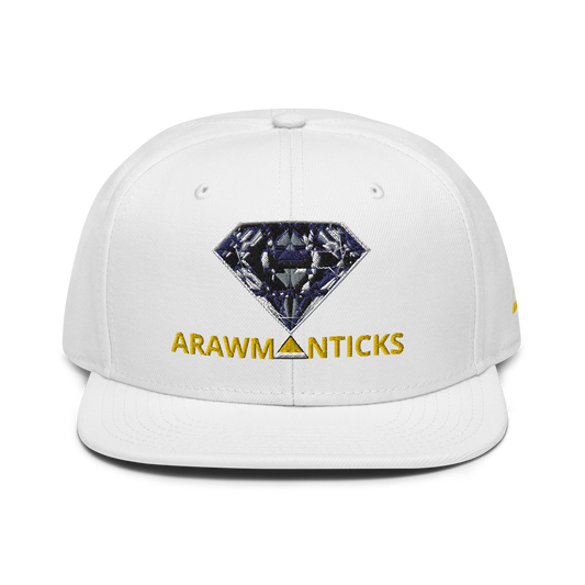 White Snapback Hat with Dark Diamond 'A' Front Embroidery - ARAWMANTICKS Front Mockup