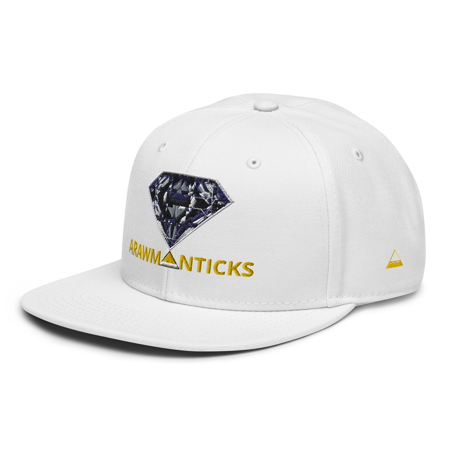 White Snapback Hat with Dark Diamond 'A' Front Embroidery - ARAWMANTICKS Left Front Mockup