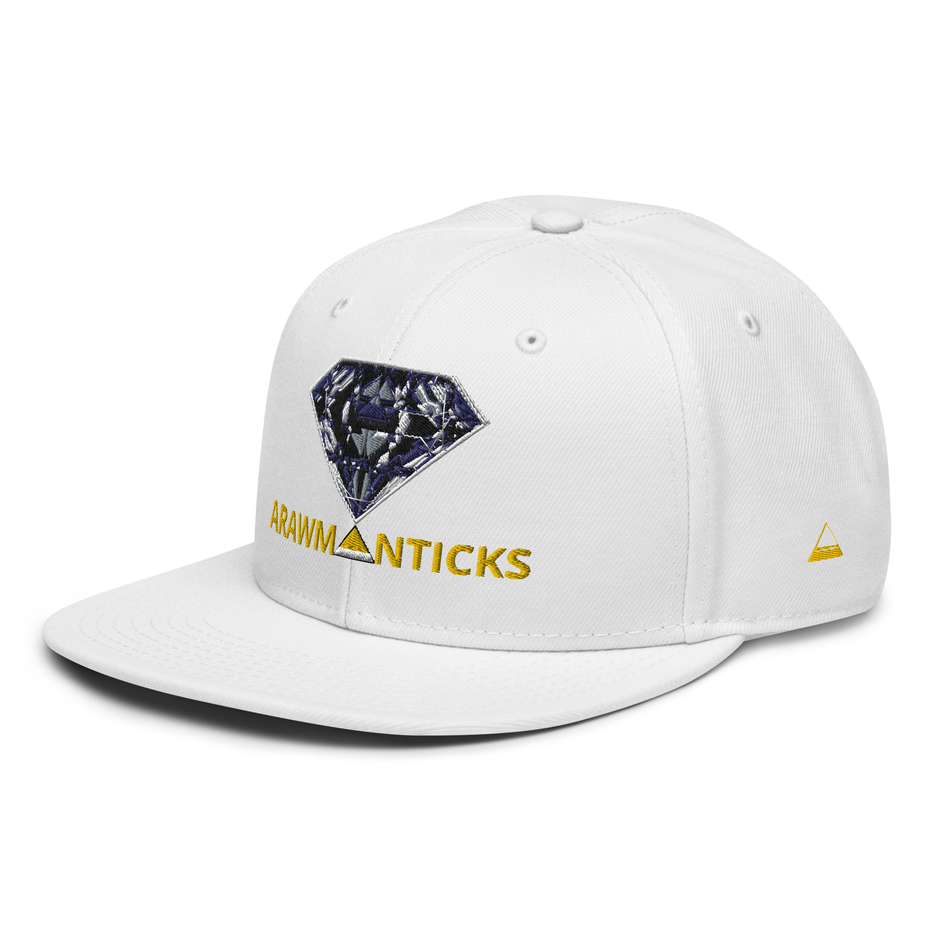 White Snapback Hat with Dark Diamond 'A' Front Embroidery - ARAWMANTICKS Left Front Mockup