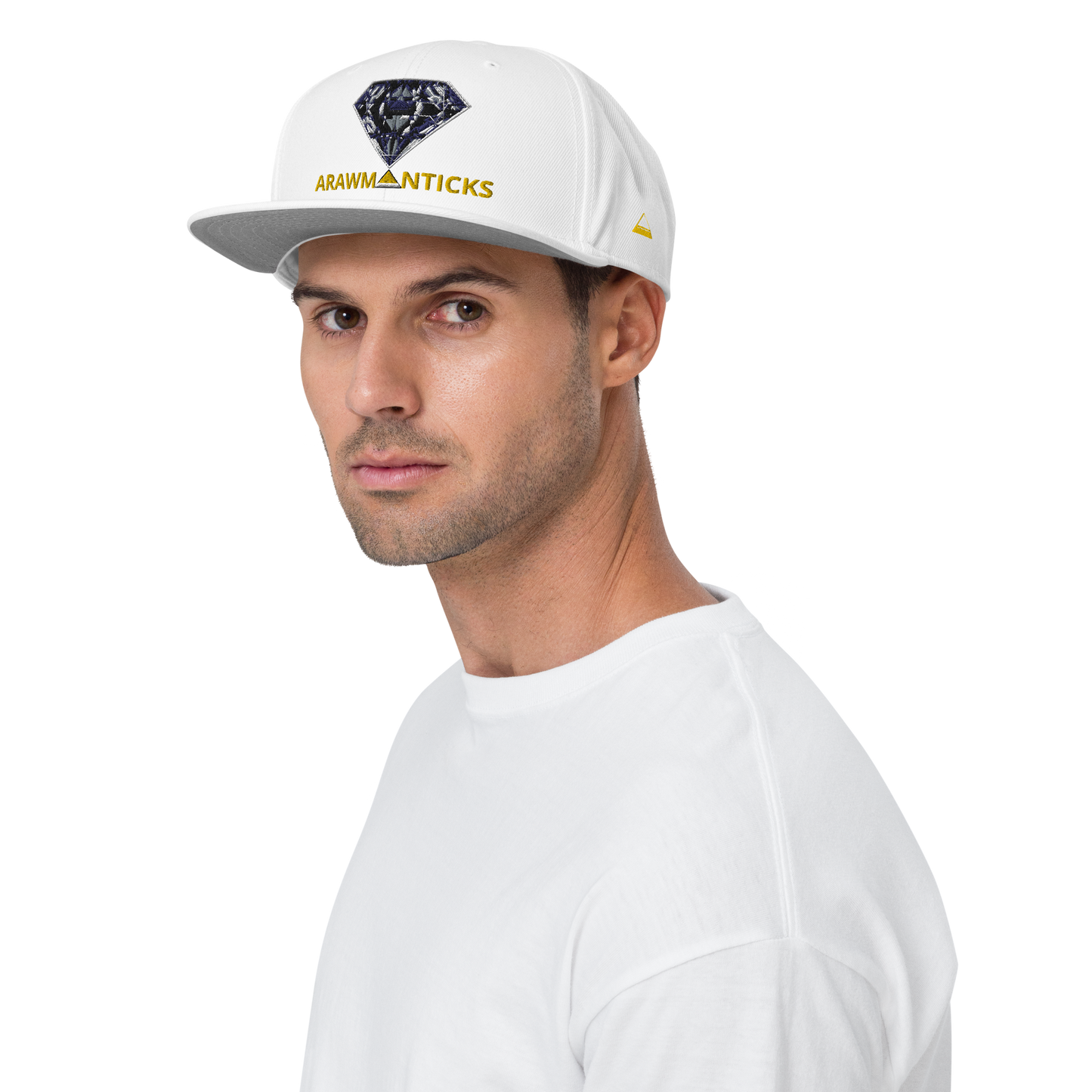 Male Model Wearing White Snapback Hat with Dark Diamond 'A' Front Embroidery - ARAWMANTICKS