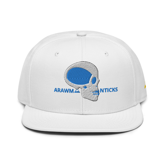 White Snapback Hat with White and Blue Skull Embroidery - ARAWMANTICKS Front Mockup