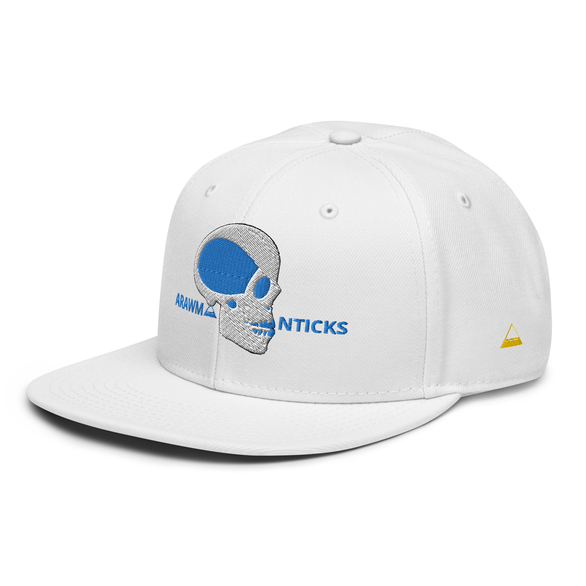 White Snapback Hat with White and Blue Skull Embroidery - ARAWMANTICKS Left Front Mockup
