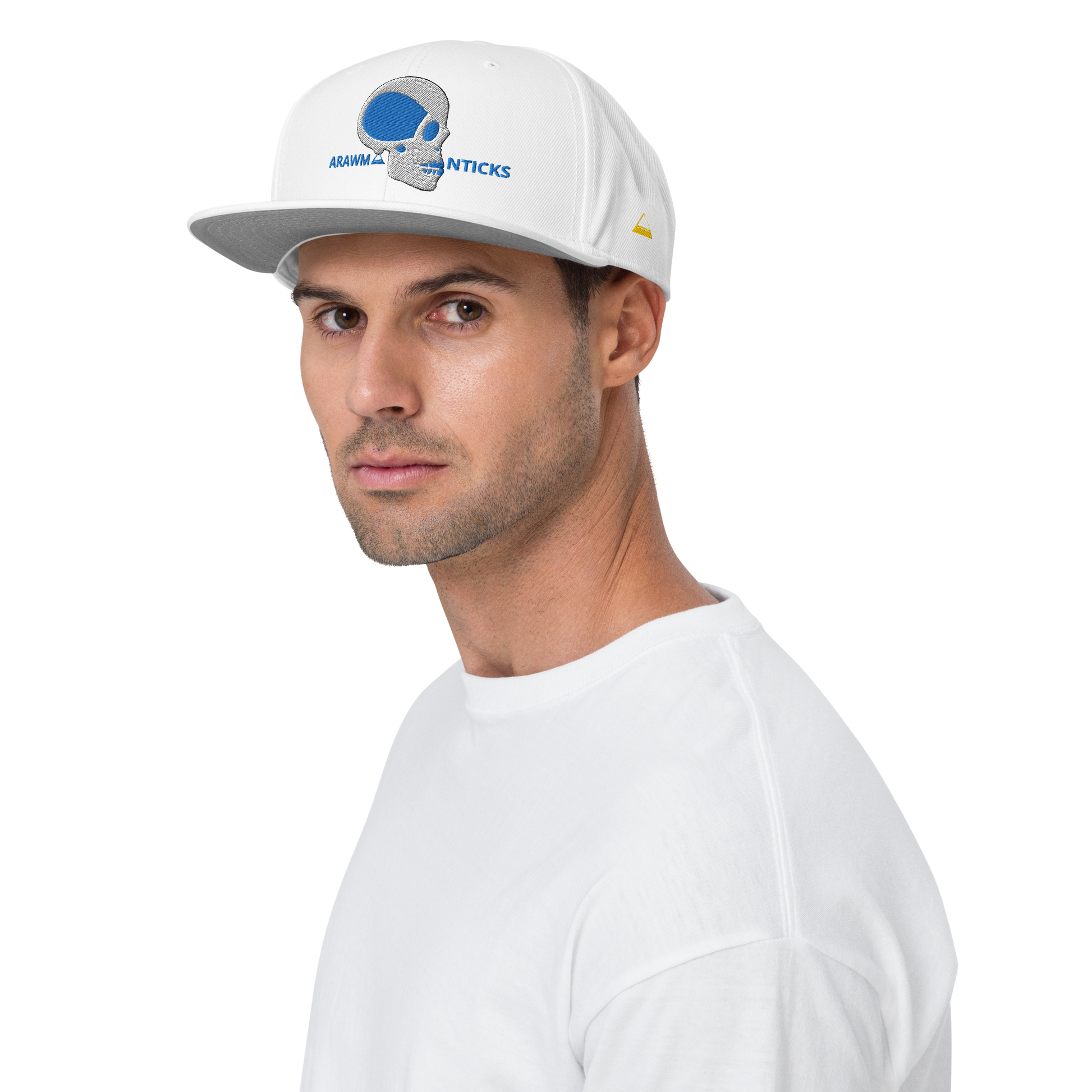Male Model Wearing White Snapback Hat with White and Blue Skull Embroidery - ARAWMANTICKS