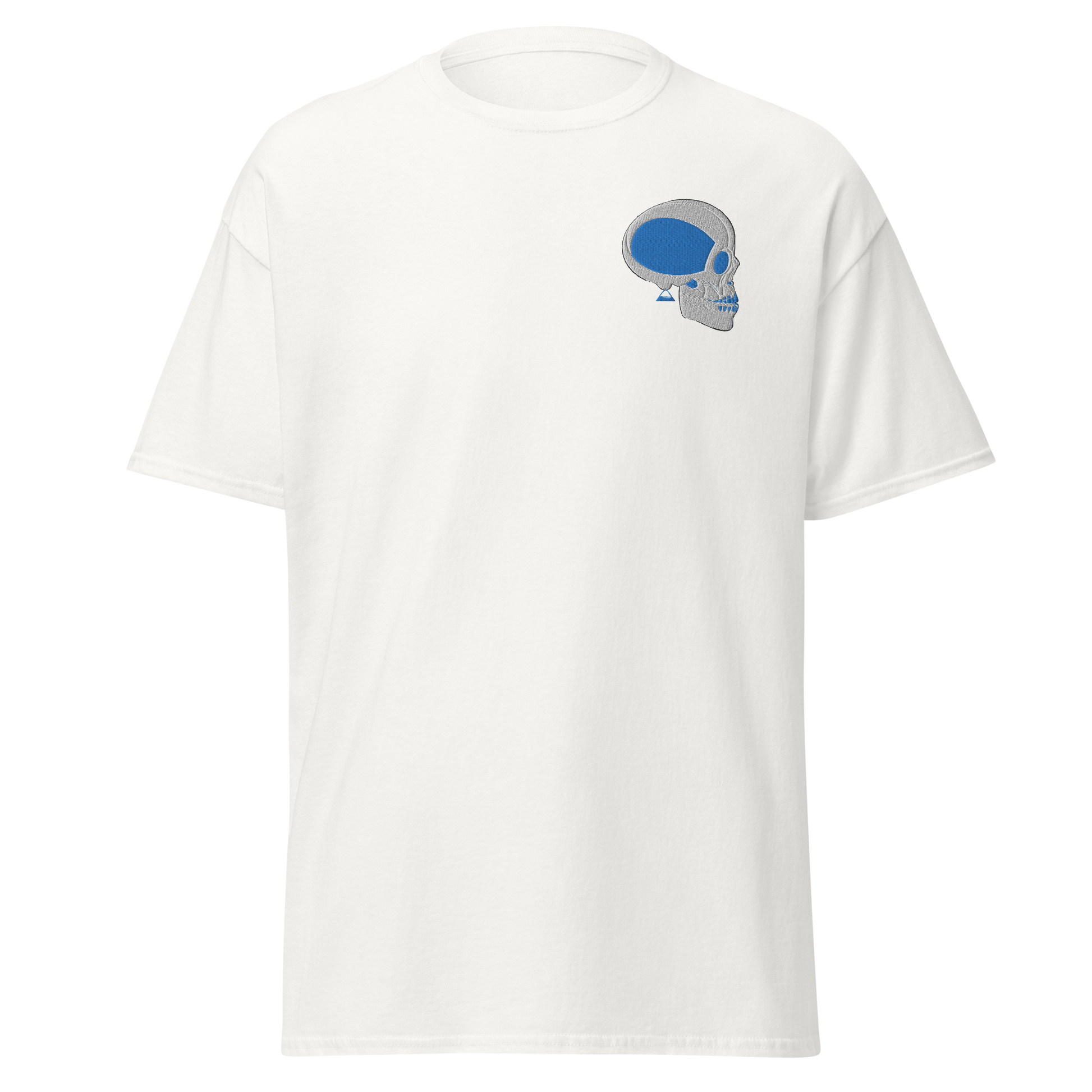 White T-Shirt with White and Blue Skull Front Embroidery - ARAWMANTICKS Ghost Mockup